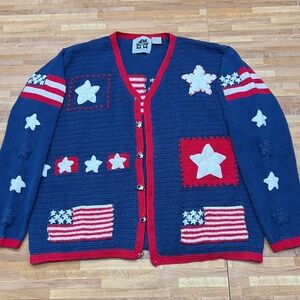 Storybook Knits Vintage Cardigan Sweater Patriotic Flag Stars Red/White/Blue XL